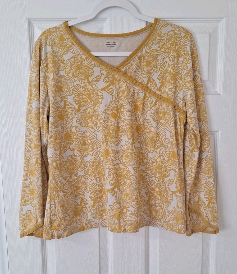 Garnet Hill Women Long Sleeve Asian Wrap Pajama Top Small Mustard Organic Cotton